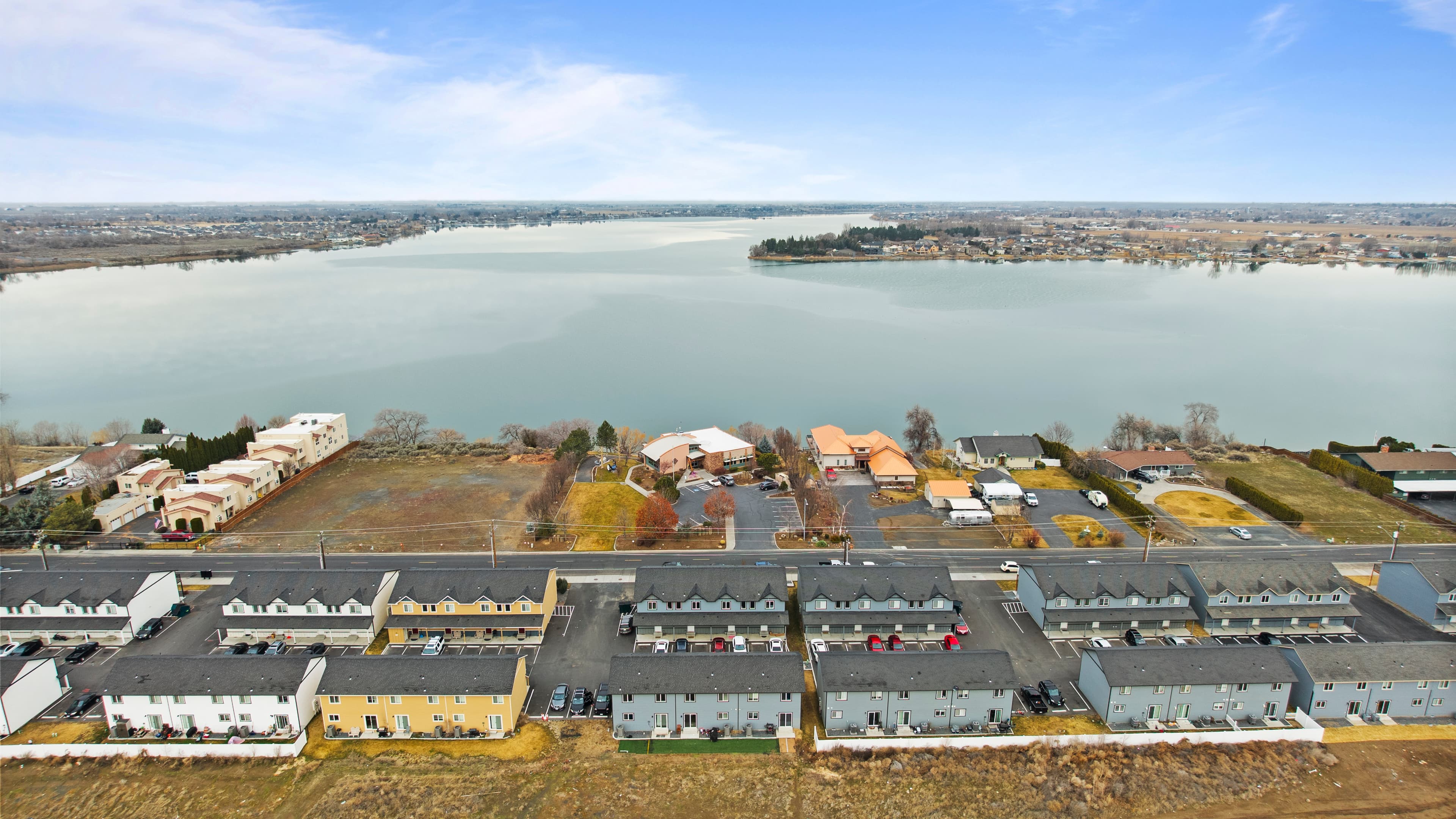 Aerial view of Marina Shore Villas townhomes from above Marina Drive
