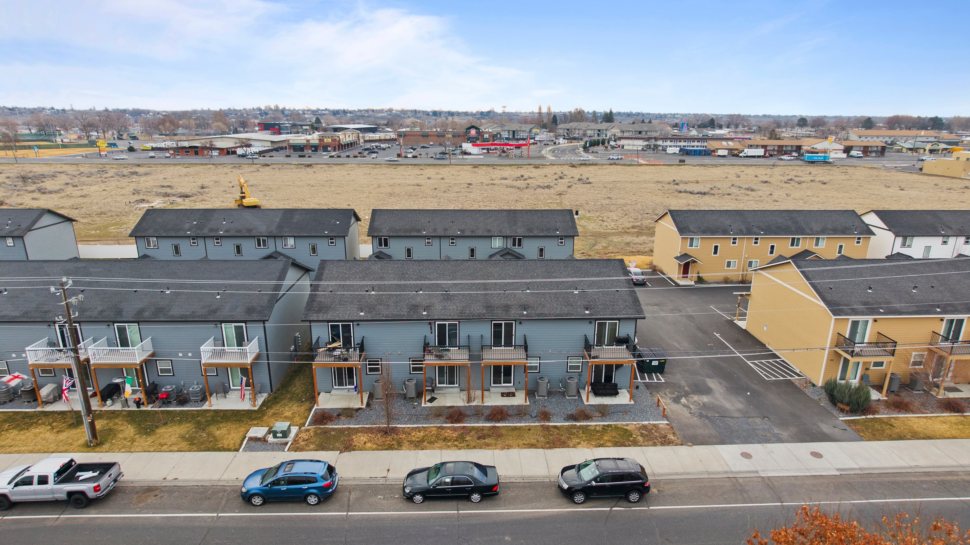 Aerial close-up of Marina Shore Villas lakefront townhomes